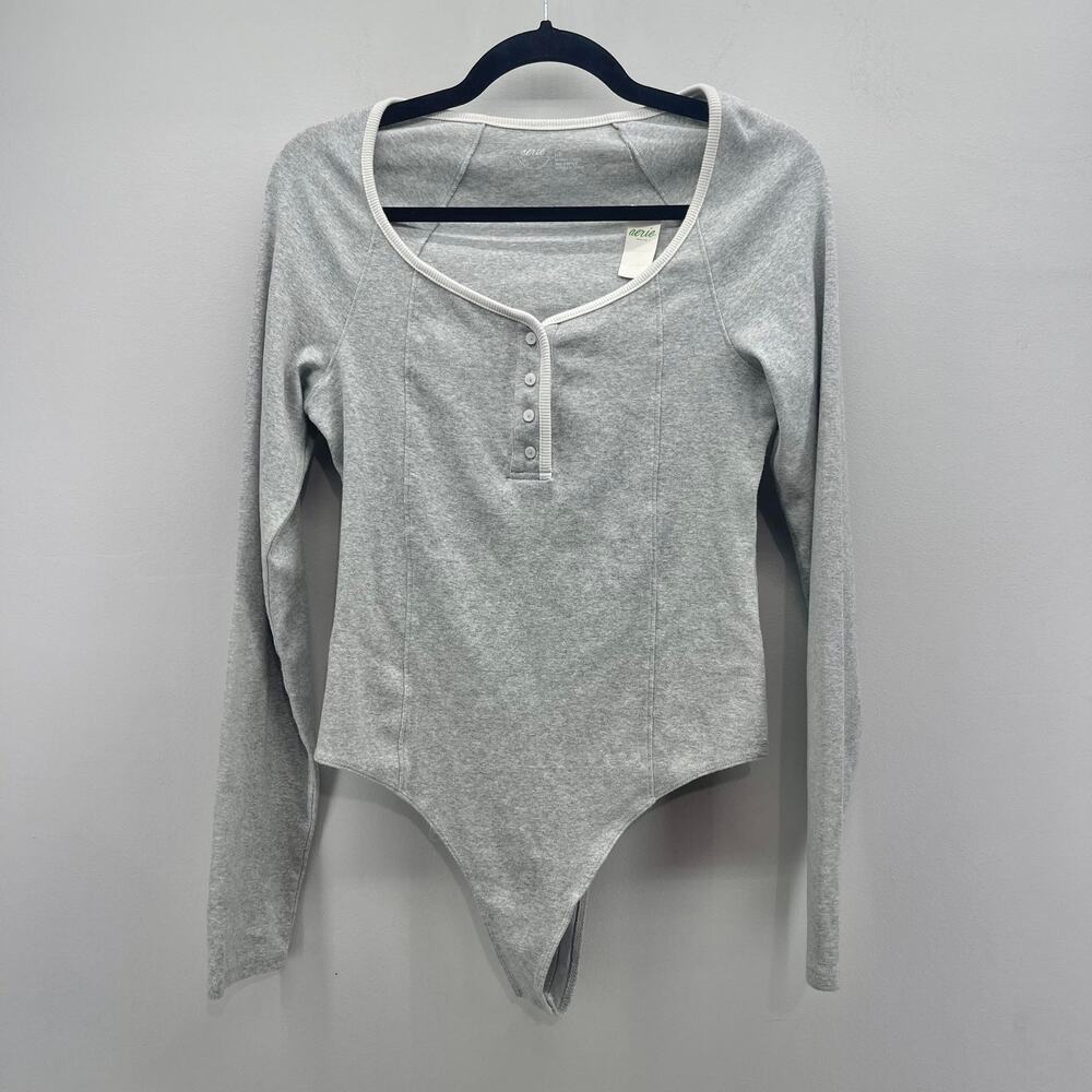 Aerie Henley Body Suit Womens Large Heather Gray Long Sleeve 1/4 Button